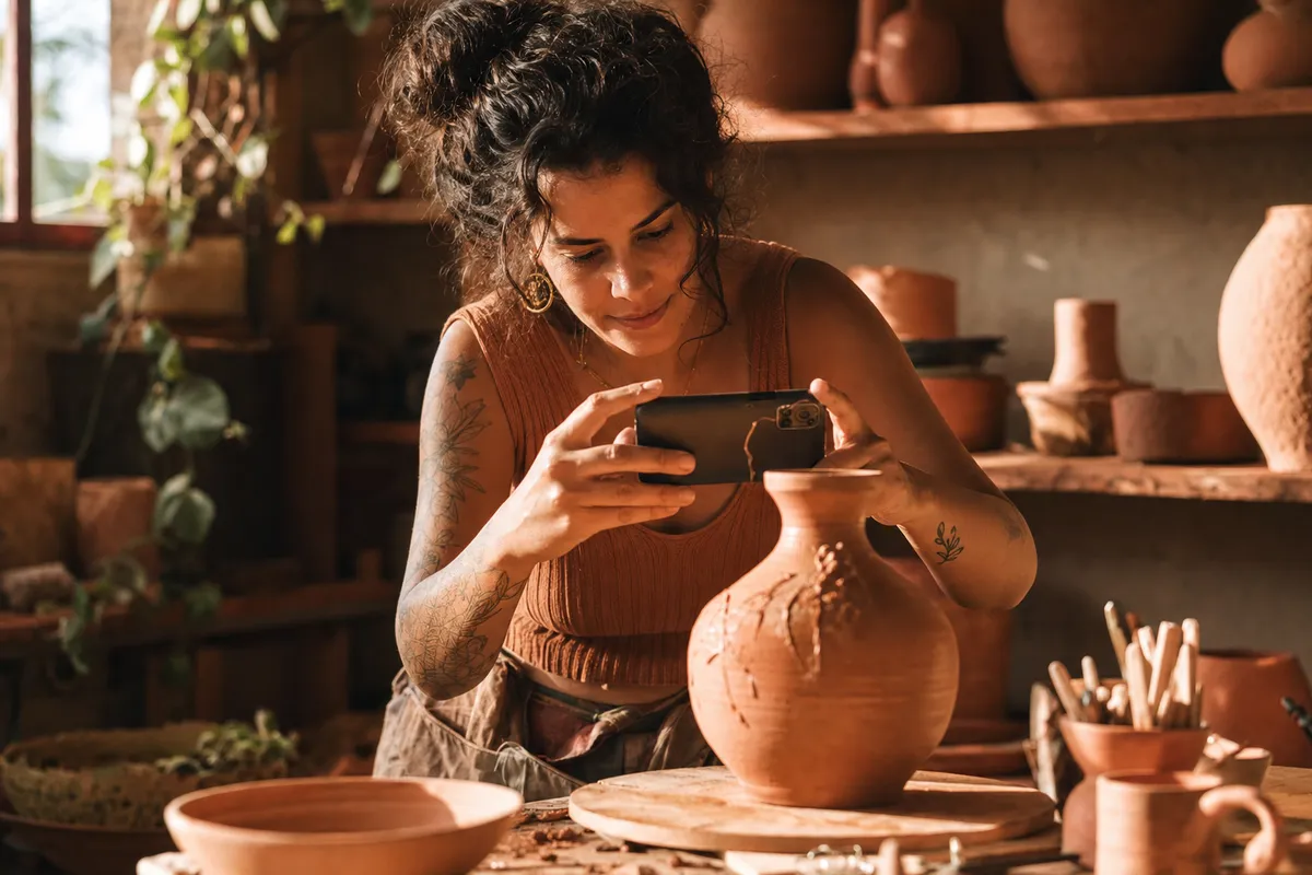 Ceramista fotografando um vaso de barro com o celular no ateliê