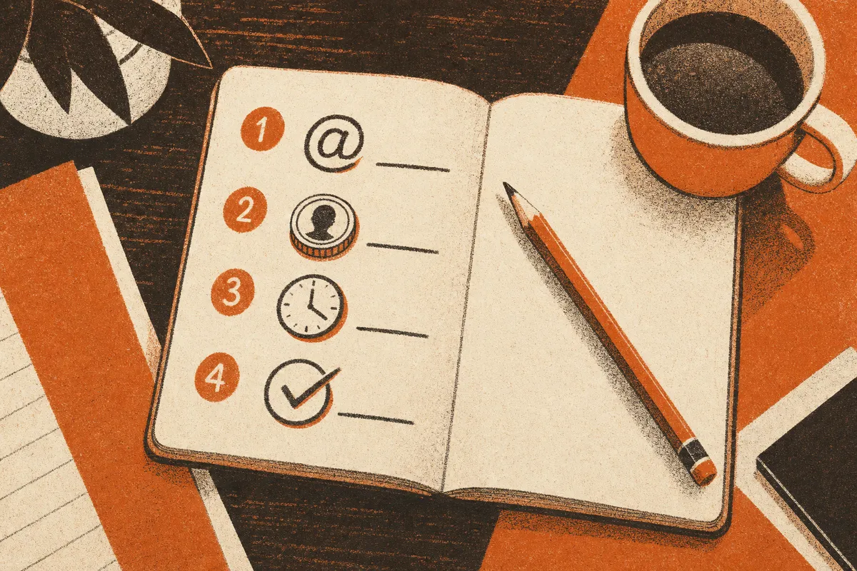 Caderno aberto com uma lista de etapas ao lado de uma xícara de café