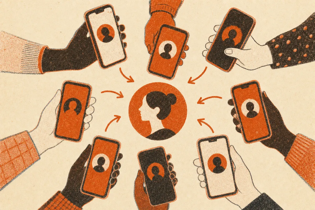 Ilustração: várias mãos com celulares apontando para o mesmo perfil no centro