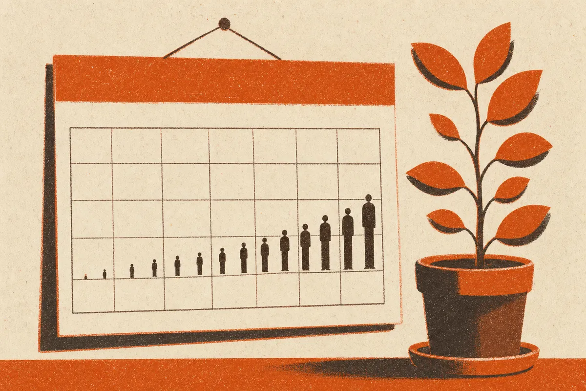 Ilustração: calendário com pessoas aumentando dia a dia e uma planta crescendo